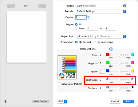 figure:Brightness of Color Options in the Print dialog