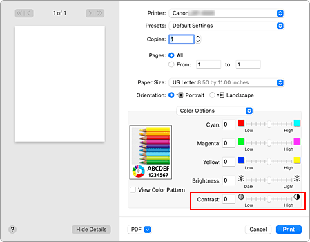 figure:Contrast of Color Options in the Print dialog