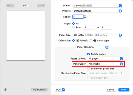 figure:Select Automatic from Page order of Paper Handling in the Print dialog