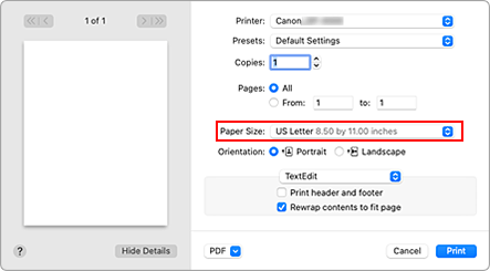 figure:Paper Size in the Print dialog