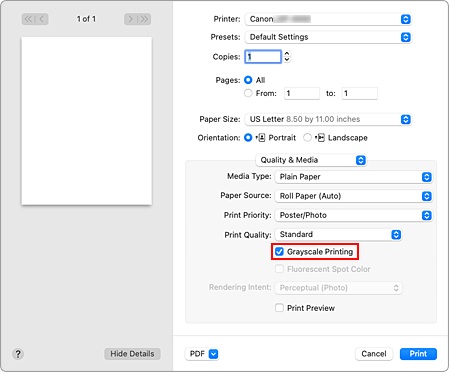 figure:Grayscale Printing of Quality & Media in the Print dialog