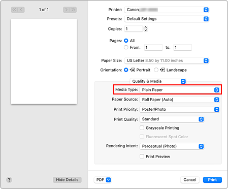 figure:Media Type of Quality & Media in the Print dialog