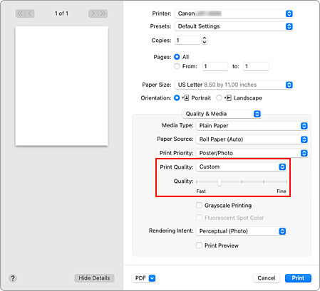 figure:Select Custom from Print Quality of Quality & Media in the Print dialog