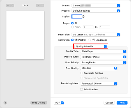 figure:Quality & Media in the Print dialog