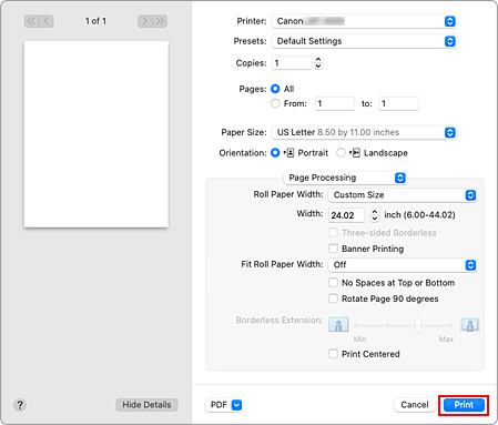 figure:Print of Page Processing in the Print dialog