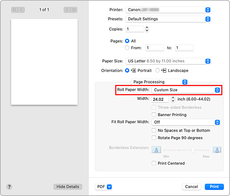 figure:Roll Paper Width of Page Processing in the Print dialog