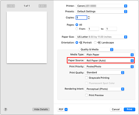 figure:Paper Source of Quality & Media in the Print dialog