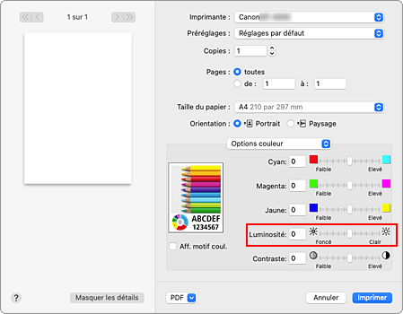 figure&nbsp;: Luminosité des options de couleur dans la boîte de dialogue Imprimer