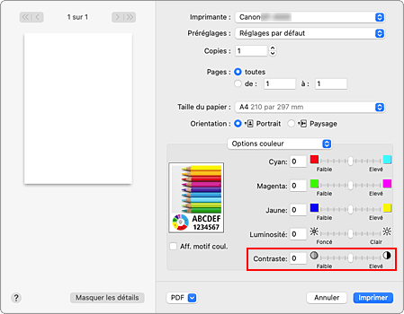 figure&nbsp;: Contraste des options de couleur dans la boîte de dialogue Imprimer