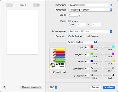 figure&nbsp;:&nbsp;Options couleur dans la boîte de dialogue Imprimer