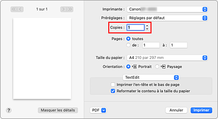 figure&nbsp;: Copies dans la boîte de dialogue Imprimer