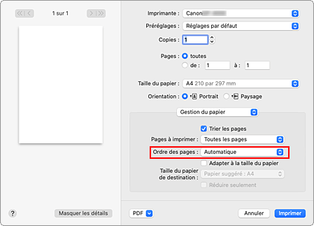 figure&nbsp;:&nbsp;Sélectionnez Automatique dans Ordre des pages pour Gestion du papier dans la boîte de dialogue Imprimer.