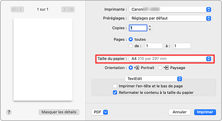 figure&nbsp;:&nbsp;Taille du papier dans la boîte de dialogue Imprimer