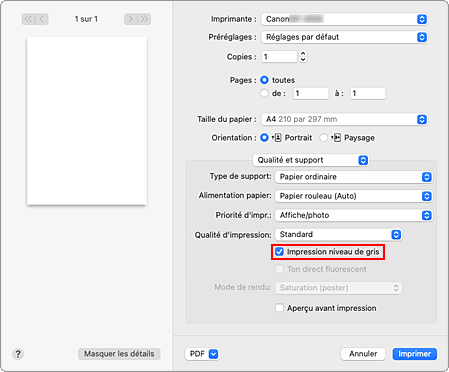 figure&nbsp;:&nbsp;Impression niveau de gris pour Qualité et support dans la boîte de dialogue Imprimer