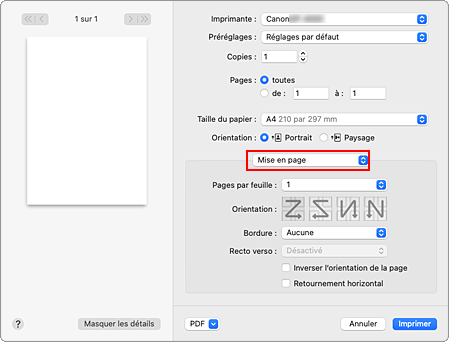 figure&nbsp;:&nbsp;Mise en page dans la boîte de dialogue Imprimer