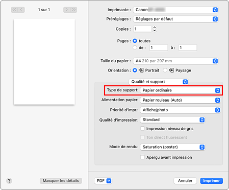 figure&nbsp;:&nbsp;Type de support dans Qualité et support de la boîte de dialogue Imprimer