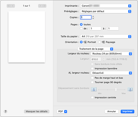 figure : Traitement de la page dans la boîte de dialogue Imprimer
