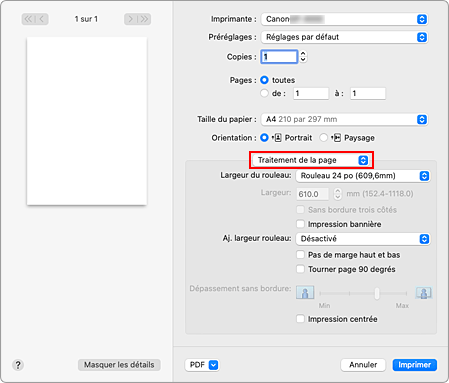 figure : Traitement de la page dans la boîte de dialogue Imprimer