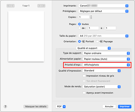 figure&nbsp;:&nbsp;Qualité d'impression dans Qualité et support de la boîte de dialogue Imprimer