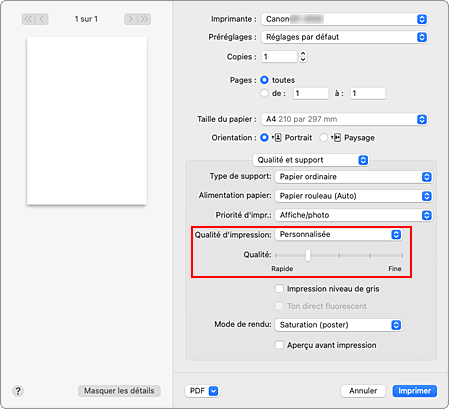 figure&nbsp;:&nbsp;Sélectionnez Personnalisée pour Qualité et support dans la boîte de dialogue Imprimer.