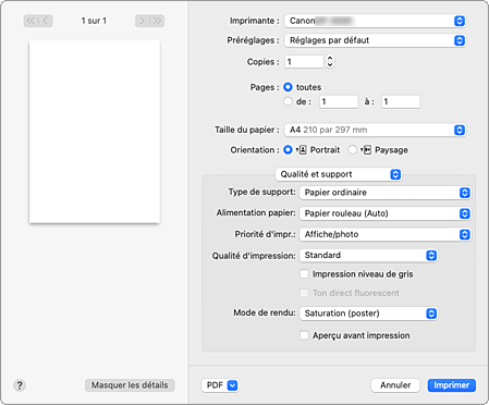 figure&nbsp;:&nbsp;Qualité et support dans la boîte de dialogue Imprimer