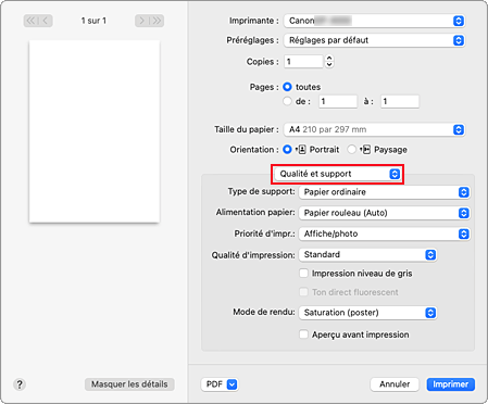 figure&nbsp;:&nbsp;Qualité et support dans la boîte de dialogue Imprimer