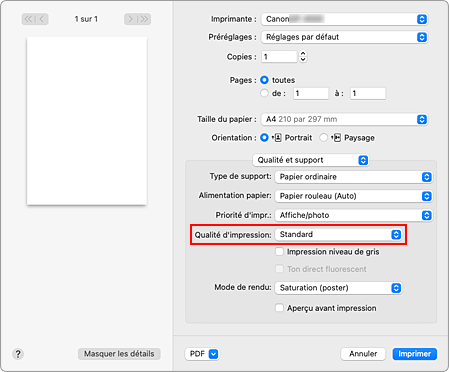 figure&nbsp;:&nbsp;Qualité d'impression dans Qualité et support de la boîte de dialogue Imprimer
