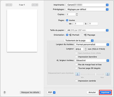 figure : Impression pour le traitement de la page dans la boîte de dialogue Imprimer