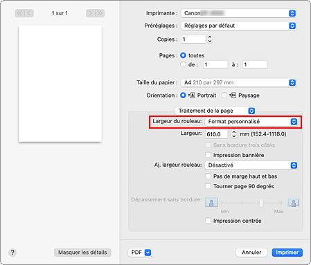 figure : Largeur du rouleau pour le traitement de la page dans la boîte de dialogue Imprimer