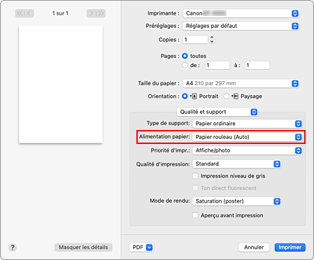 figure&nbsp;:&nbsp;Alimentation papier dans Qualité et support de la boîte de dialogue Imprimer
