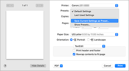 그림: 프린트 대화 상자의 [프리셋]에서 [현재 설정을 프리셋으로 저장...]을 선택