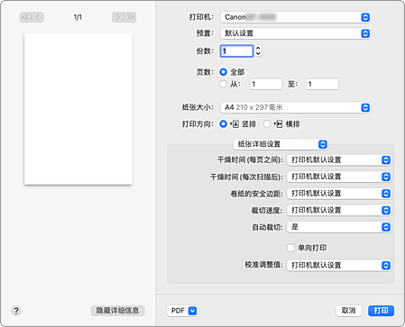 插图：“打印”对话框中的“纸张详细设置”