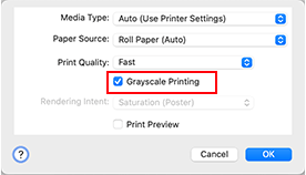 Abbildung: Auswahl "Graustufen drucken" unter "Qualität und Medium" im Dialog "Drucken"