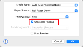 figure:Grayscale Printing of Quality & Media in the Print dialog