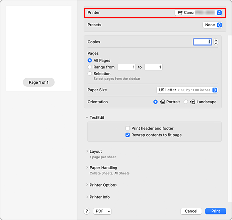 Imagen: Impresora del cuadro de diálogo Imprimir
