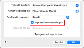 figure&nbsp;: option Impression niveau de gris sous Qualité et support dans la boîte de dialogue Imprimer