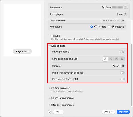 figure&nbsp;:&nbsp;Mise en page dans la boîte de dialogue Imprimer