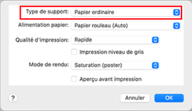figure&nbsp;:&nbsp;Type de support dans Qualité et support de la boîte de dialogue Imprimer