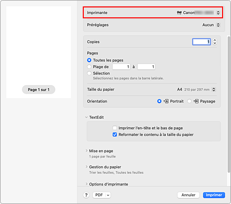 figure&nbsp;:&nbsp;Imprimante dans la boîte de dialogue Imprimer