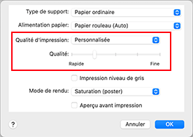 figure&nbsp;:&nbsp;Sélectionnez Personnalisée pour Qualité et support dans la boîte de dialogue Imprimer.