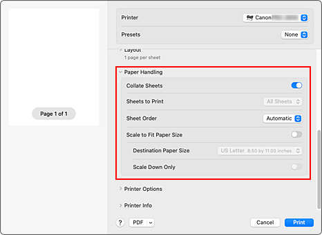 рисунок:: Работа с бумагой (Paper Handling) в диалоговом окне "печати"