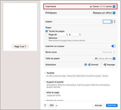 figure&nbsp;:&nbsp;Imprimante dans la boîte de dialogue d'impression