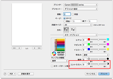 図：プリントダイアログ［カラーオプション］の［コントラスト］