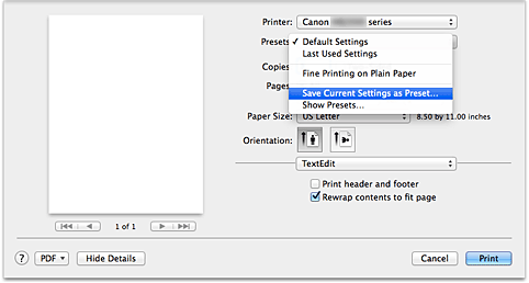 afbeelding: selecteer Huidige instellingen opslaan... bij Instellingen in het dialoogvenster Afdrukken
