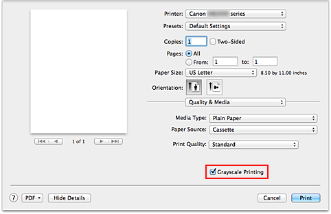 figure:Grayscale Printing of Quality & Media in the Print dialog