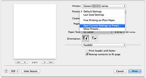 figure:Select Save Current Settings as Preset... from Presets in the Print dialog