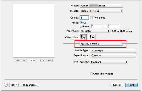 figure:Quality & Media in the Print dialog