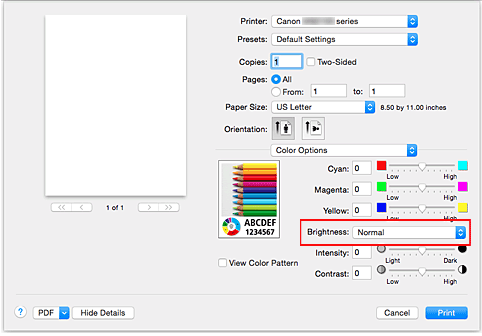 figure:Brightness of Color Options in the Print dialog