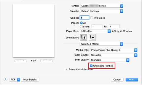 figure:Grayscale Printing of Quality & Media in the Print dialog