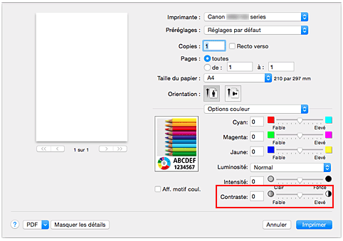 figure : Contraste des options de couleur dans la boîte de dialogue Imprimer